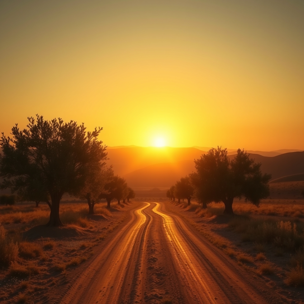 A breathtaking golden sunrise over an ancient landscape with olive trees, symbolizing the arrival of God's kingdom and the hope of the Gospel as described in Mark 1:14-15.