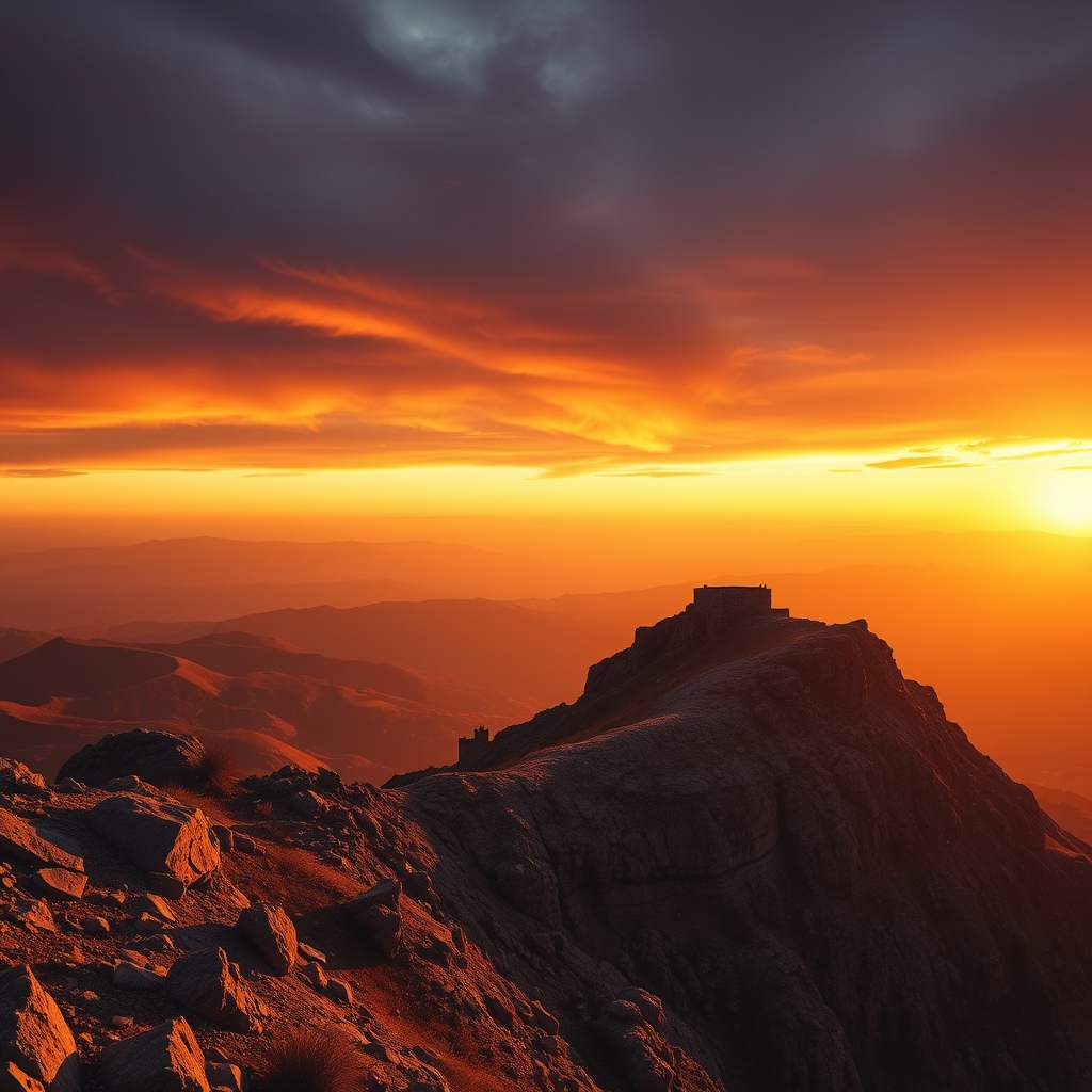 A breathtaking sunset over a ancient landscape, symbolizing the hope of paradise.