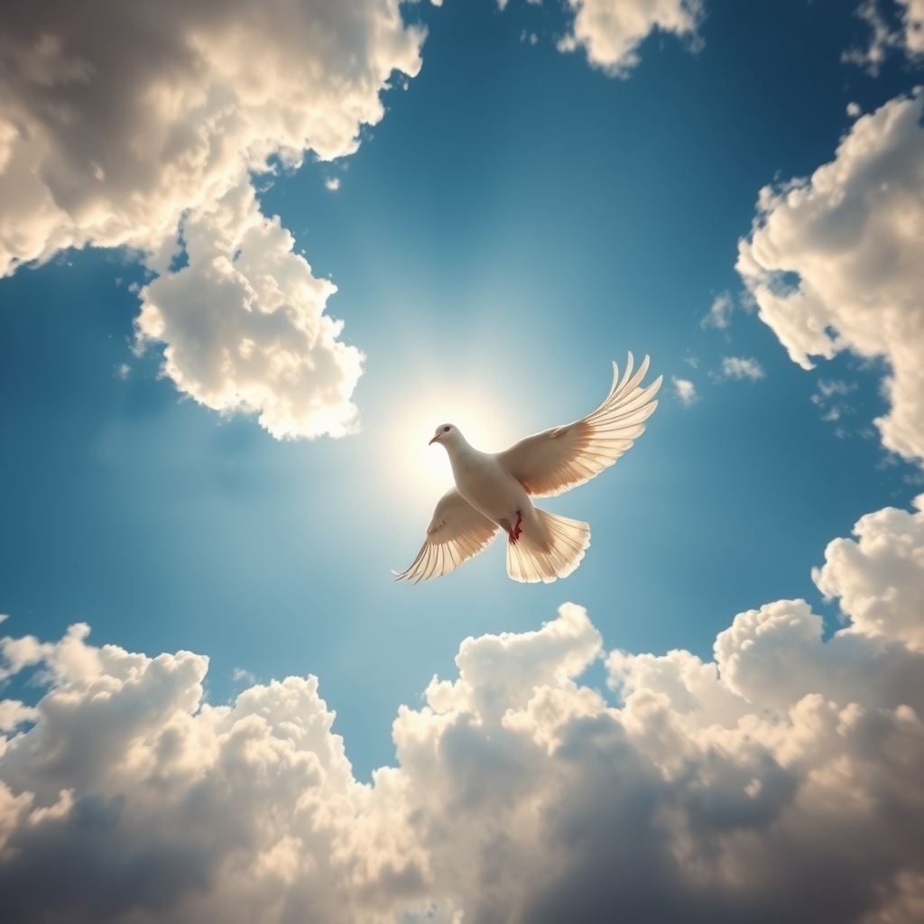 A bright, sunlit sky with soft clouds and a single majestic dove in sharp focus against brilliant blue sky.