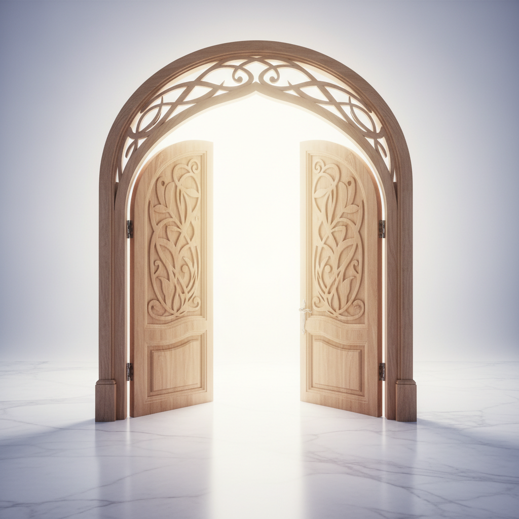 A brightly lit, open archway leading into a serene, glowing space, symbolizing access and grace.