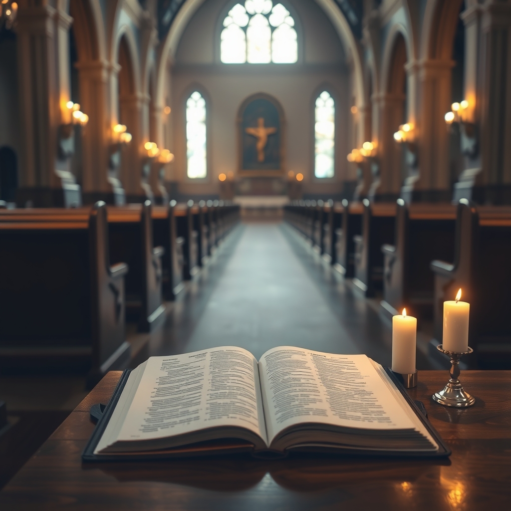 A candlelit church interior with soft light reflecting off wooden pews and an open Bible on a table.