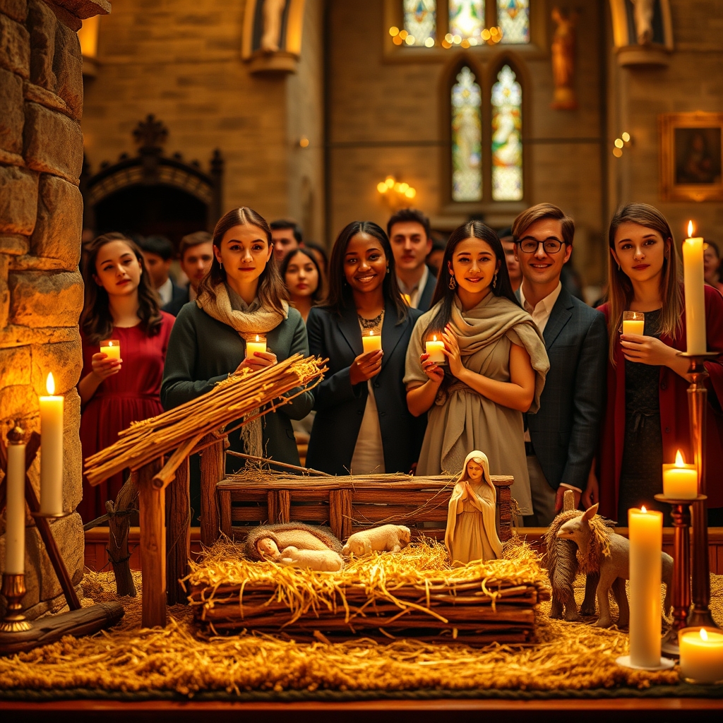 A candlelit nativity scene in a stone church with modern worshippers reflecting peacefully in the warm ambient light.
