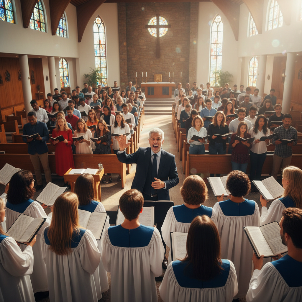 A choir and worship leader singing passionately in a well-lit church, with an engaged congregation listening and participating.