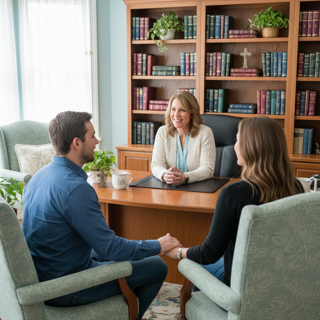 A Christian counselor smiling warmly while speaking with a young couple in a bright, inviting office filled with books, symbolizing guidance and answers.