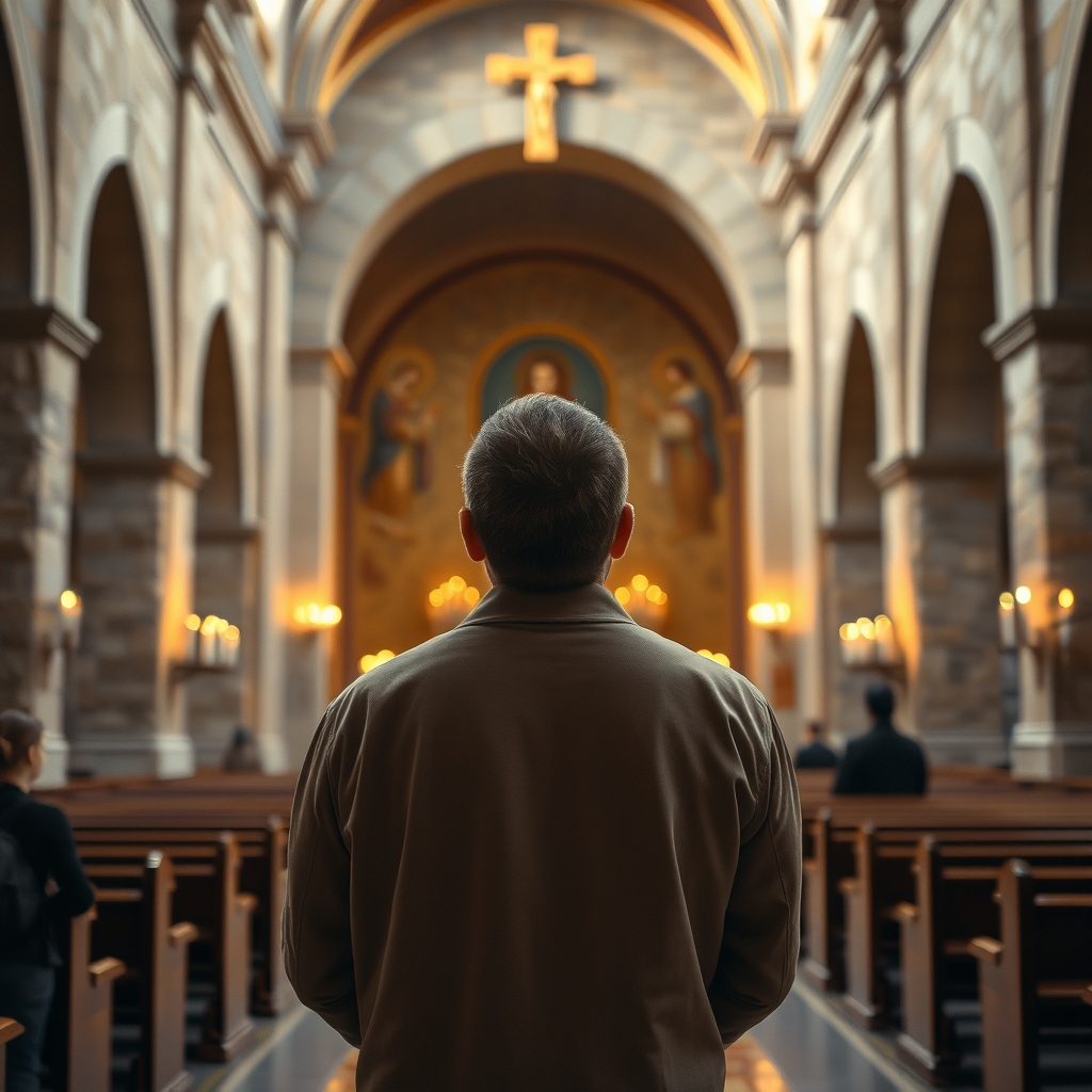 A Christian pilgrim in the Church of the Annunciation, looking at the altar with devotion.