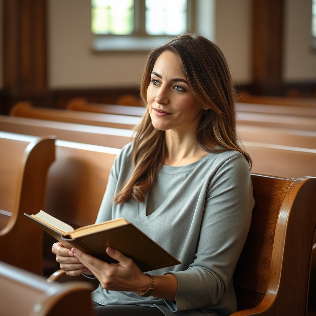A Christian woman reading a Bible in a peaceful church setting.