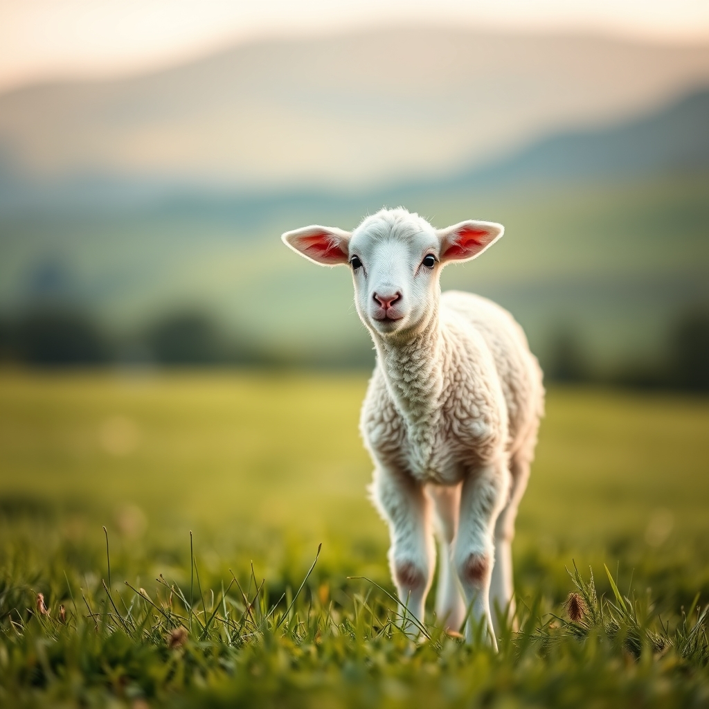 A close-up of a gentle lamb standing in a green meadow with soft natural lighting and a peaceful pastoral background