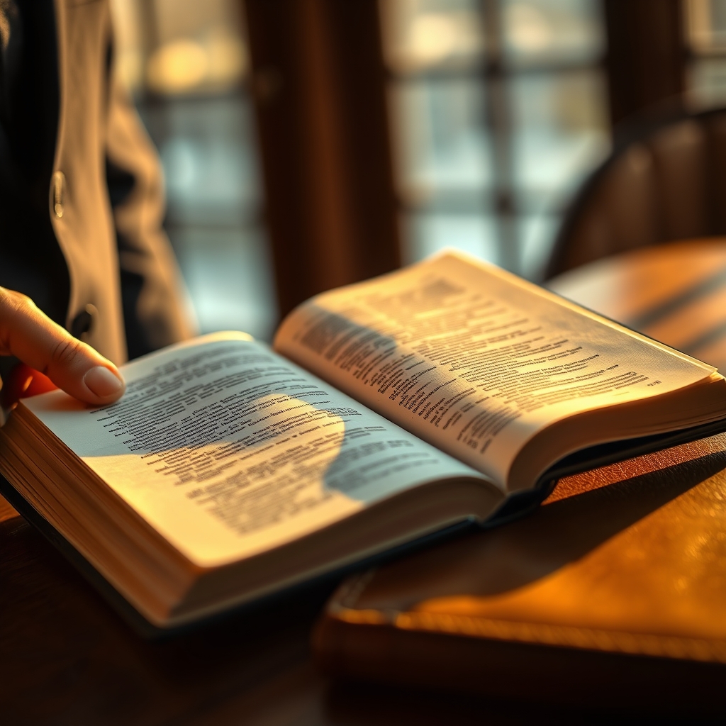 A close-up of a man's hand holding an open Bible with visible text, resting on a wooden table with warm golden hour lighting.