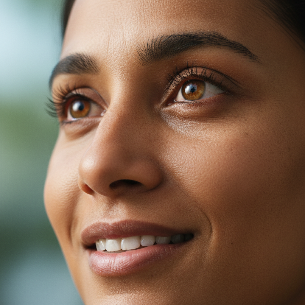 A close-up of a person's face filled with wonder and joy, bathed in bright light.