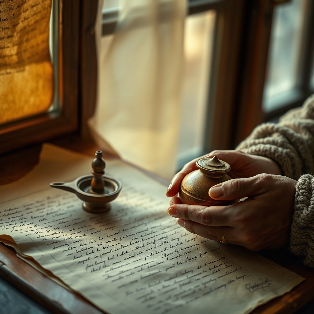 A close-up of aged hands holding a clay lamp next to ancient parchment, evoking the warmth and reverence of personal connection to Jesus' heritage.