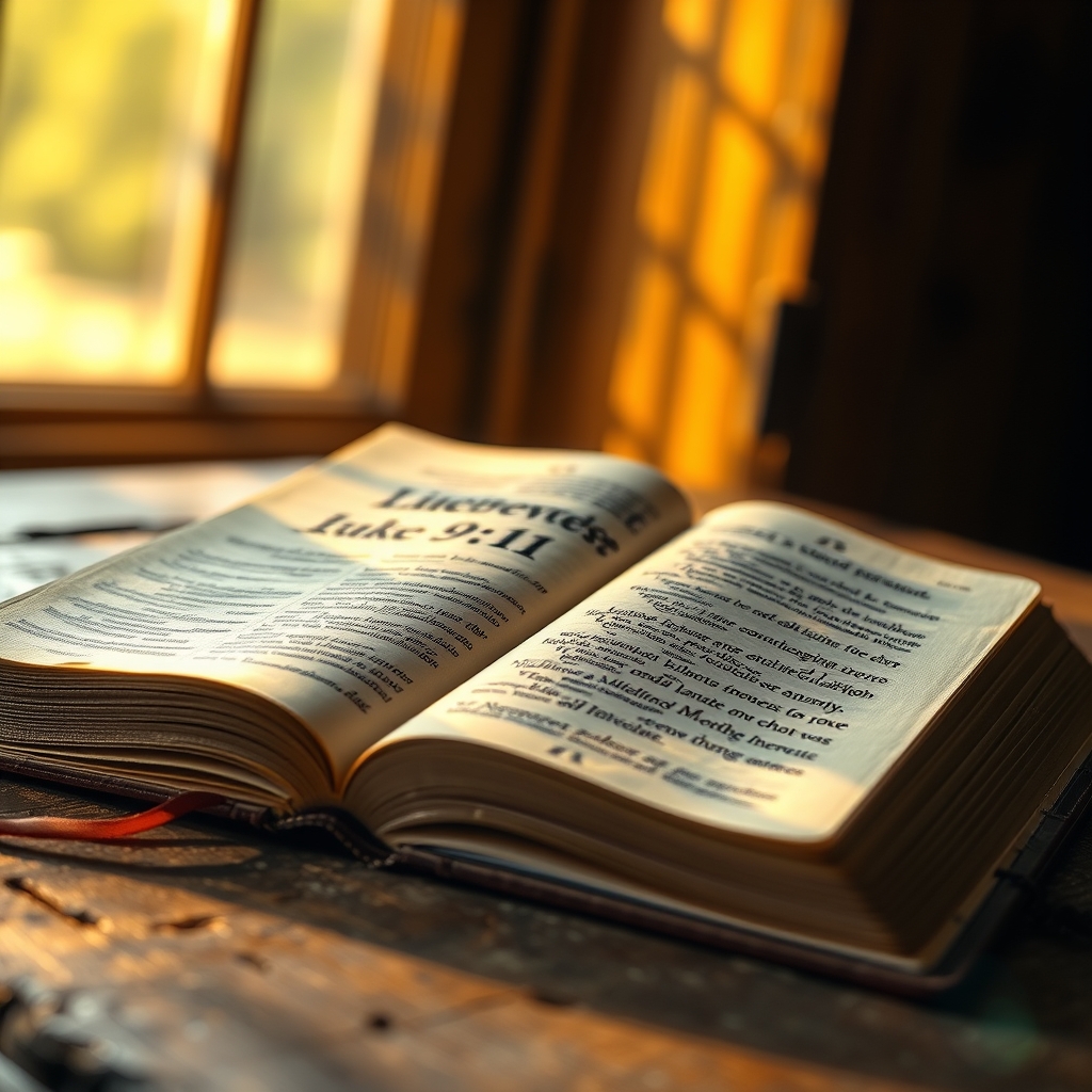 A close-up of an open Bible on a wooden table, with sunlight highlighting the text of Luke 9:1.