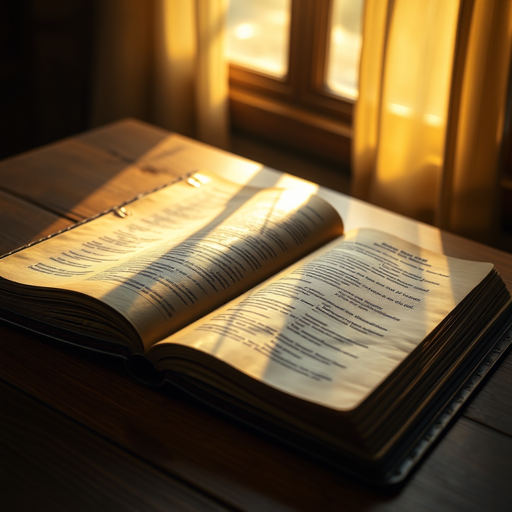 A close-up of an open Bible on a wooden table with soft morning light illuminating the pages, creating a reverent and contemplative atmosphere.