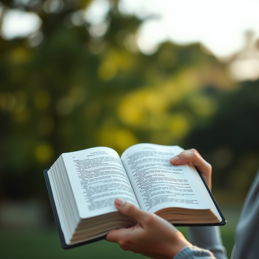 A close-up of hands holding an open Bible with sunlight on the pages, illustrating living by every word of God.