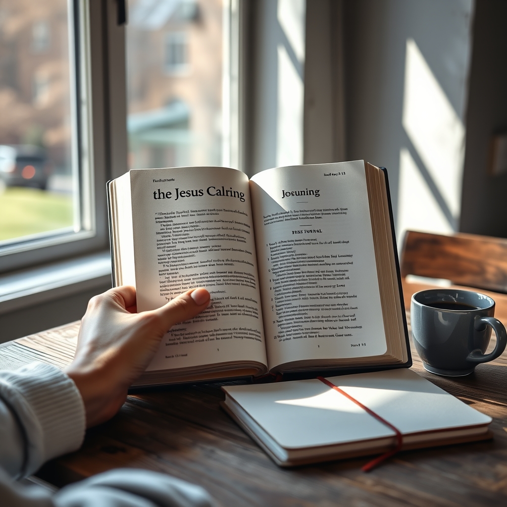 A close-up of hands holding the Jesus Calling devotional book with coffee and a journal on a wooden table in morning light, evoking a peaceful, reflective mood.