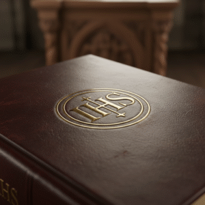 A close-up of the gold IHS symbol embossed on a vintage burgundy leather-bound sacred text, illuminated by soft, warm light.
