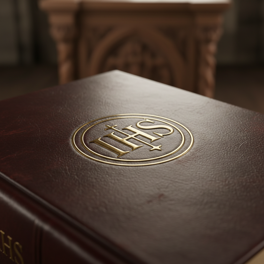 A close-up of the gold IHS symbol embossed on a vintage burgundy leather-bound sacred text, illuminated by soft, warm light.