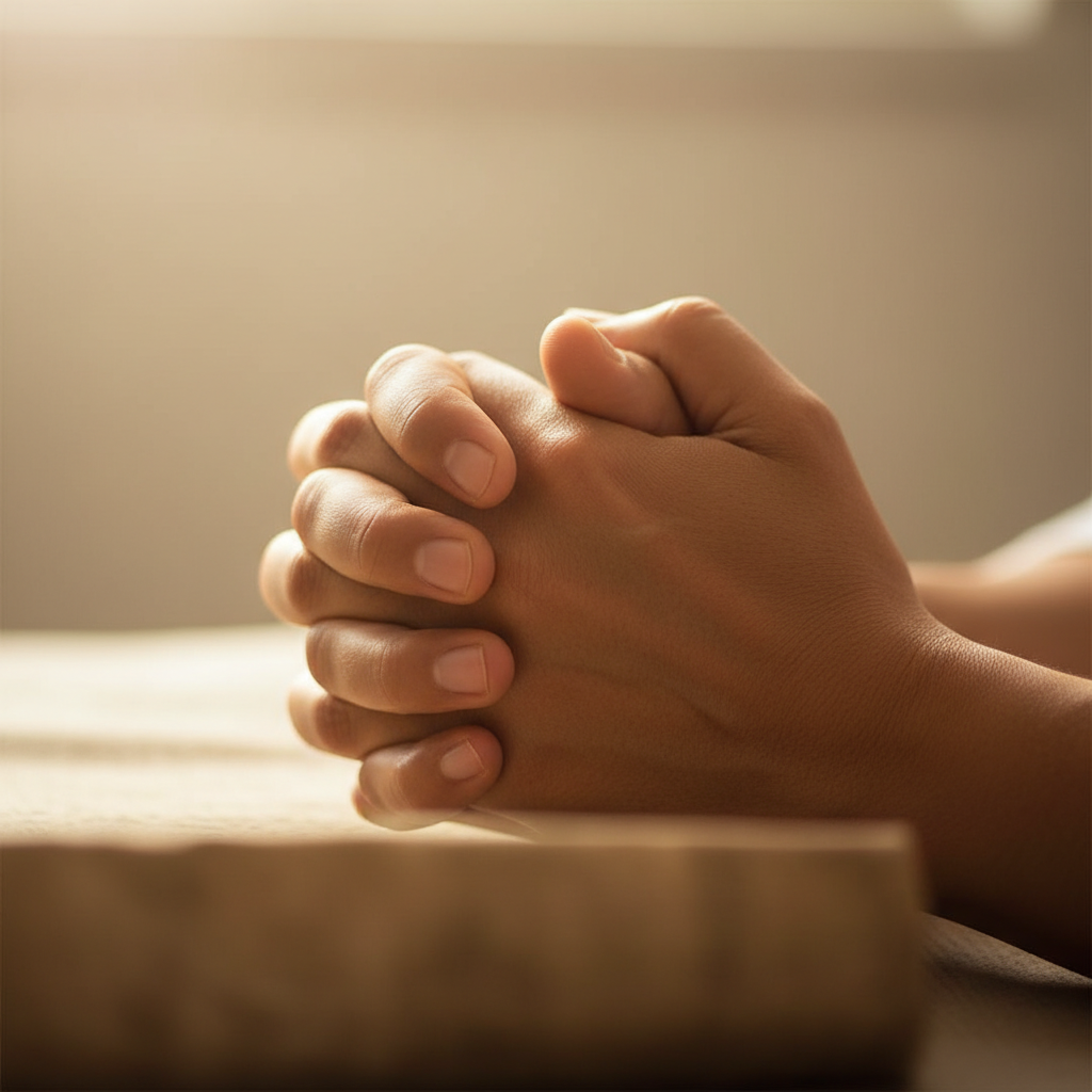 A close-up photograph of hands clasped together in prayer, conveying a sense of peace, deep contemplation, and earnest spiritual connection.