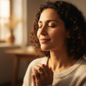 A close-up, photorealistic image of an individual with a serene expression, eyes softly closed, hands gently clasped in a posture of prayer, conveying peace and spiritual contemplation.