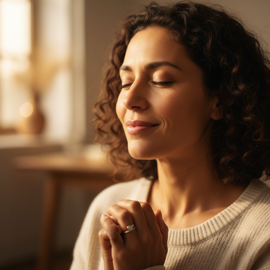 A close-up, photorealistic image of an individual with a serene expression, eyes softly closed, hands gently clasped in a posture of prayer, conveying peace and spiritual contemplation.