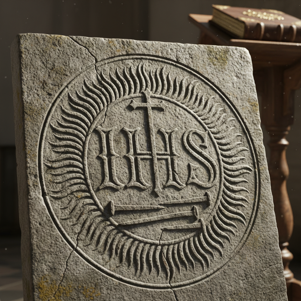 A close-up, photorealistic image of the IHS Christogram, featuring a cross emerging from the H and three nails below.