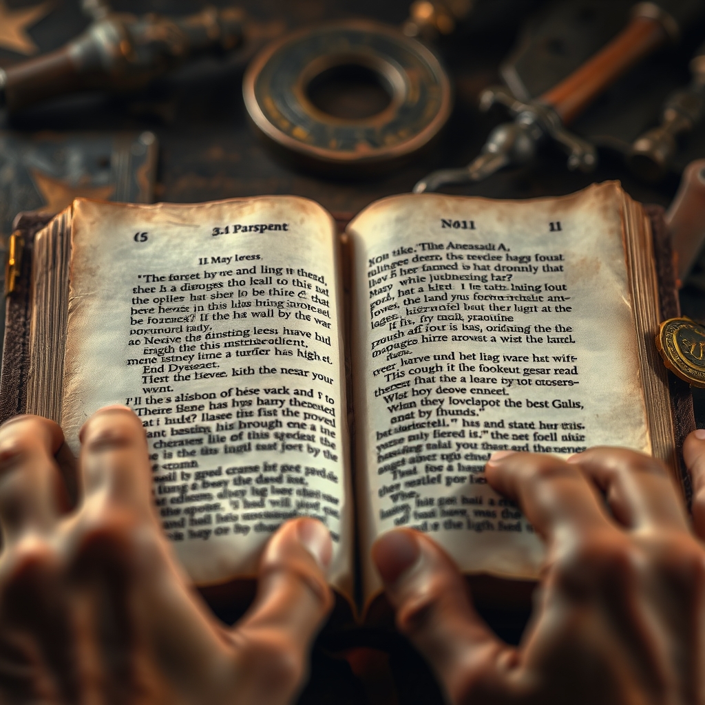 A close-up, photorealistic shot of hands gently opening an old, worn leather Bible, focusing intently on the text of the scripture pages.