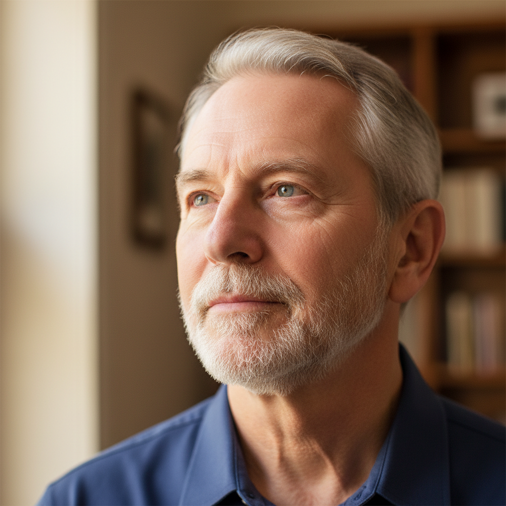 A close-up portrait of an older man with a serene expression, illuminated by soft light, symbolizing profound spiritual peace and divine comfort.