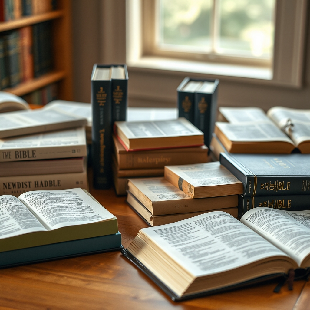 A collection of different Bible translations neatly arranged on a wooden table with soft natural light.