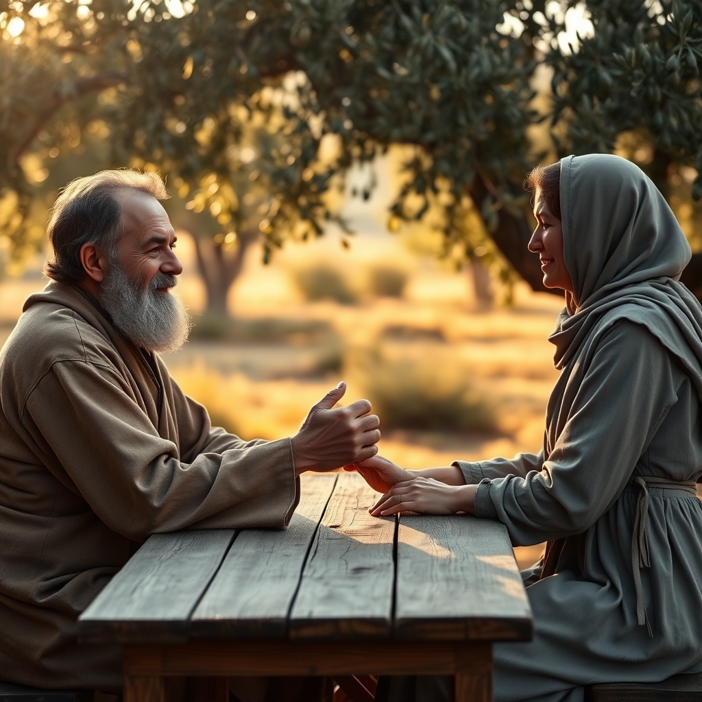 A compassionate bearded man in robes gently holding the hand of a humble woman at a wooden table in a sunlit olive grove, conveying warmth and grace.