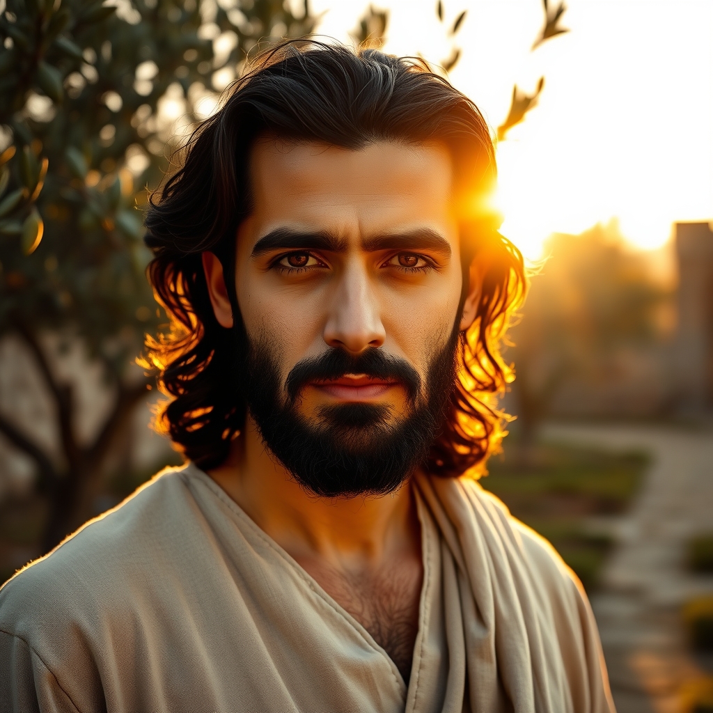 A compassionate-looking Middle Eastern man in traditional robes standing in a garden at golden hour, warm light, peaceful expression, professional portrait photography.