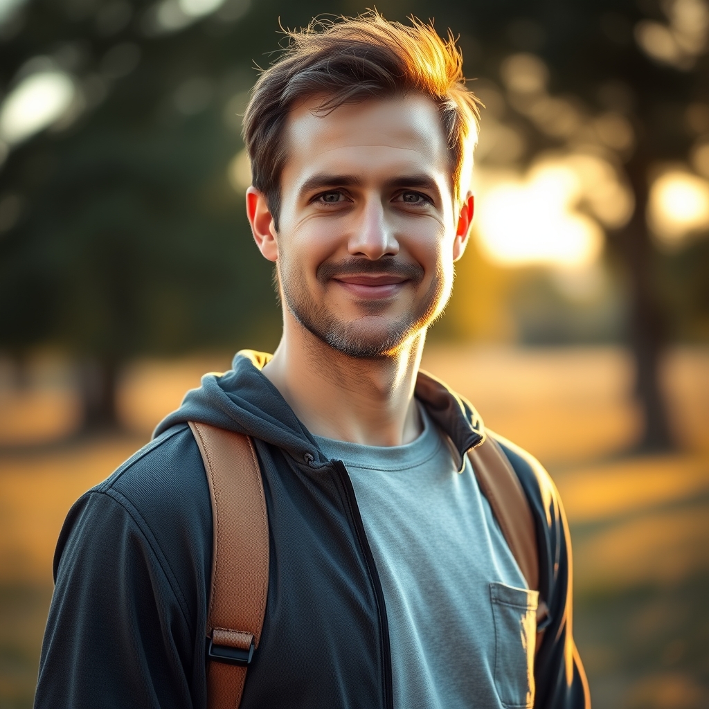 A compassionate man in modern clothing standing in a peaceful outdoor setting during golden hour.