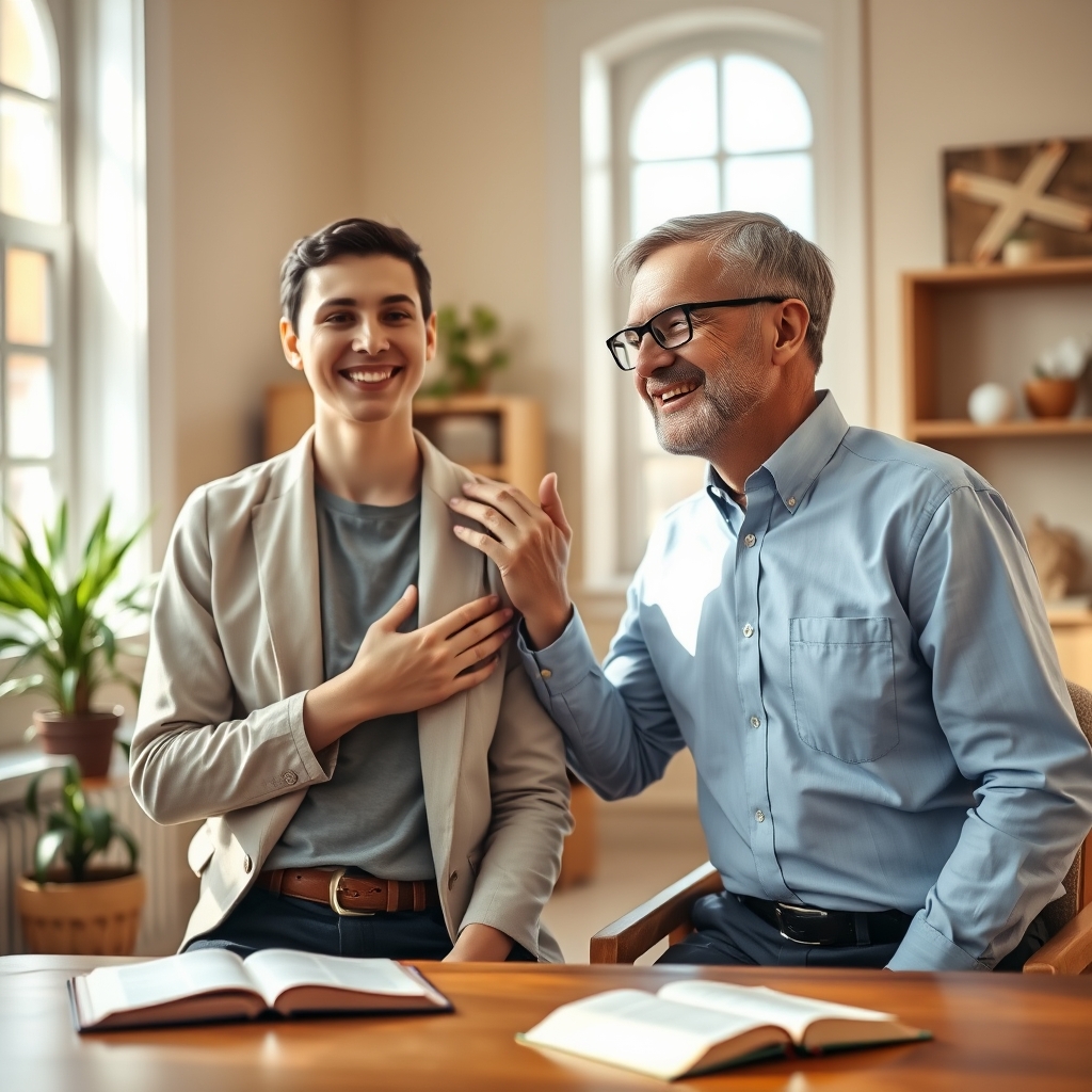 A compassionate pastor comforts a young adult in a bright church office, illustrating how Jesus shows His presence through caring relationships.