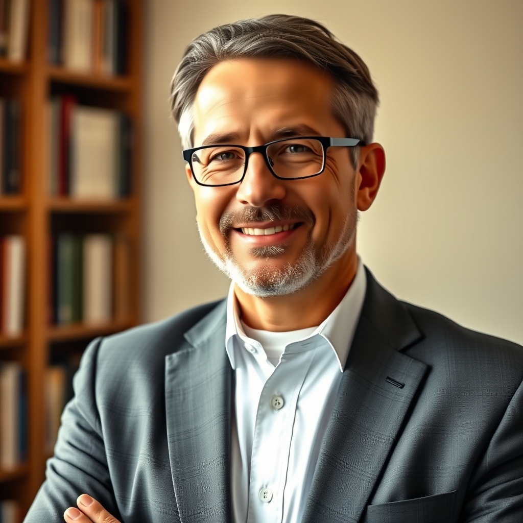 A compassionate pastor in professional attire, standing in a warmly lit office with bookshelves in the background, offering a gentle, approachable demeanor.