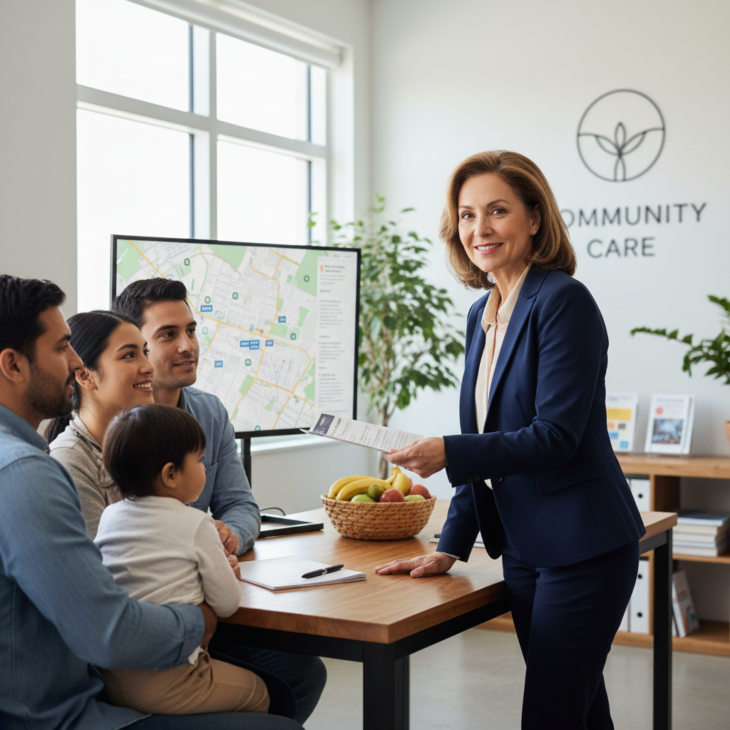 A compassionate woman assisting a family in a modern community service office.