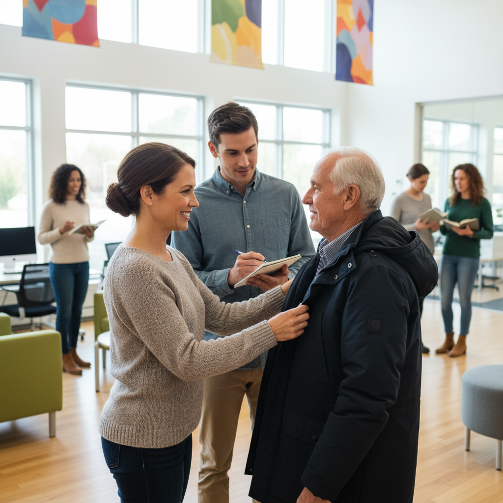 A compassionate woman helping an elderly man with his coat in a community center.
