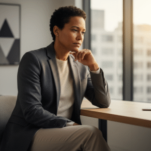 A contemplative individual in a sunlit professional office, symbolizing the internal journey from burden to peaceful understanding and freedom.