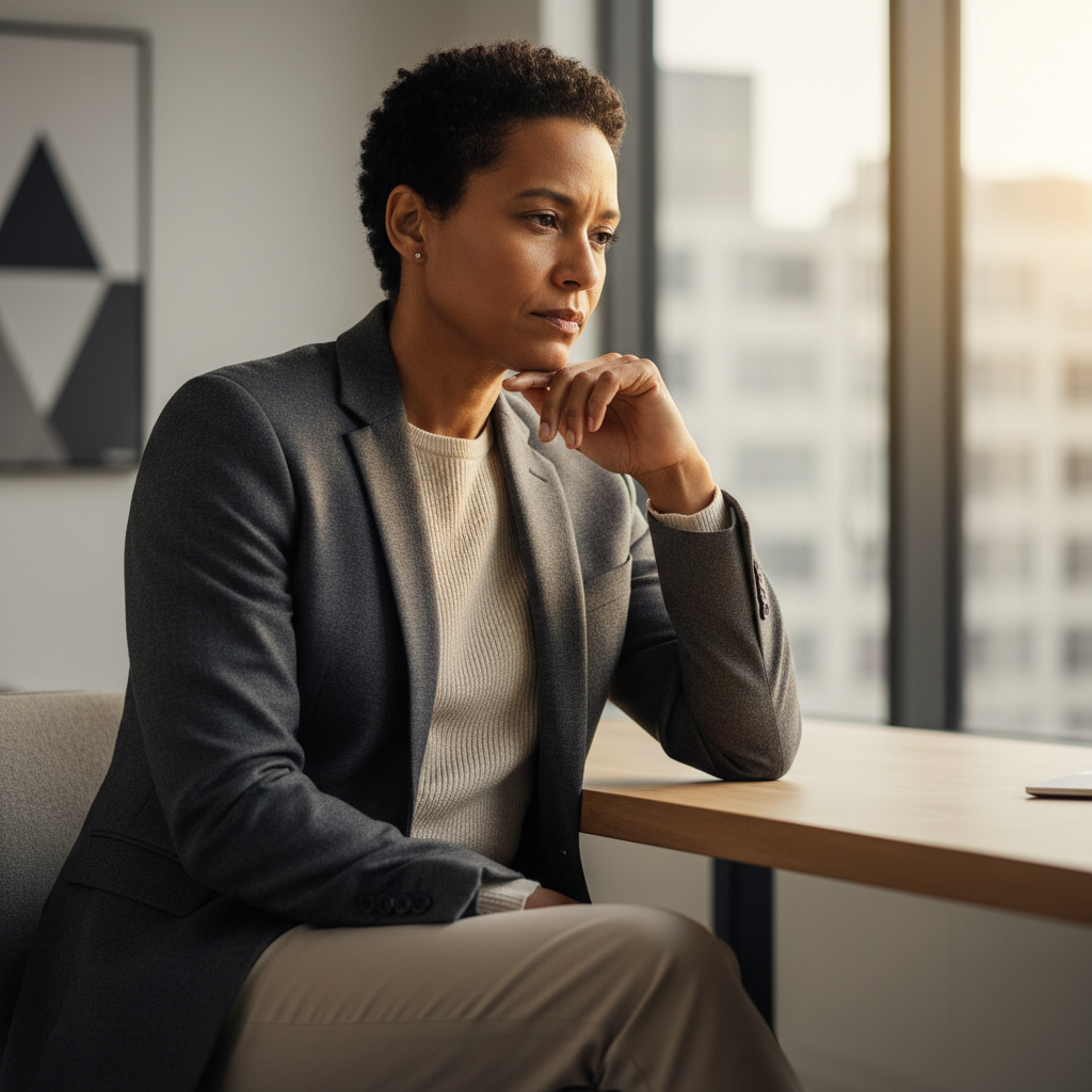 A contemplative individual in a sunlit professional office, symbolizing the internal journey from burden to peaceful understanding and freedom.