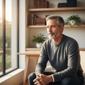 A contemplative man with a serene expression, reflecting on life's deeper questions in a peaceful, sunlit room.