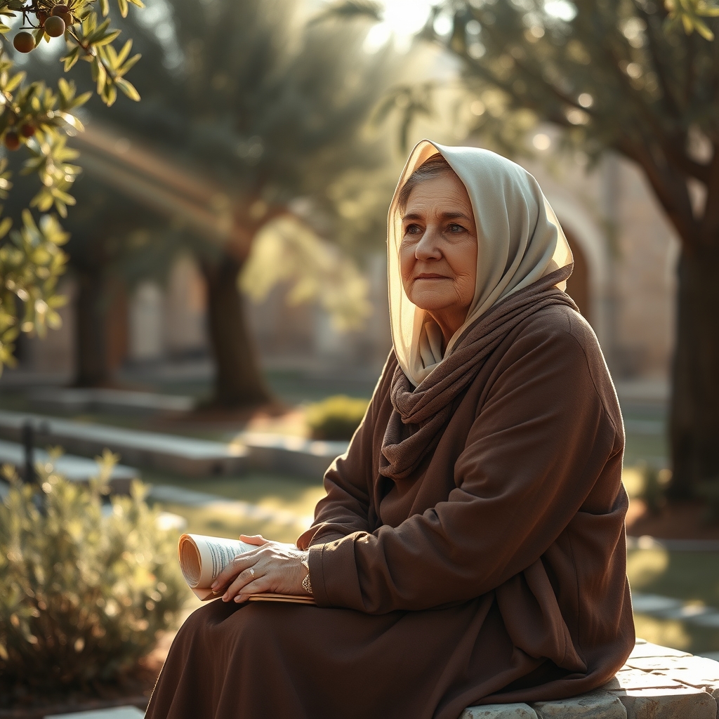A contemplative woman in a garden with soft sunlight, holding a scroll, representing faith, hope, and the truth about Jesus’ wife according to the Bible.
