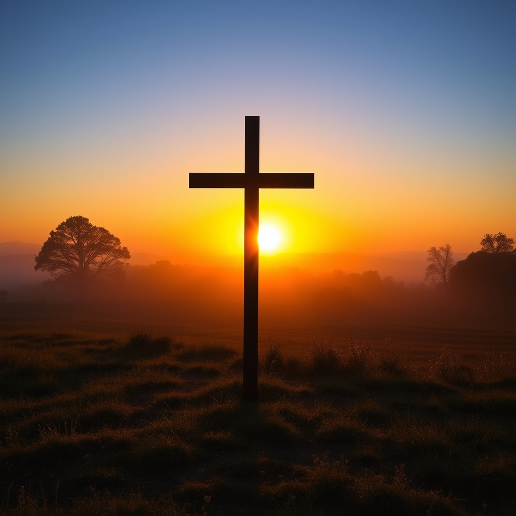 A cross silhouetted against a vibrant sunrise in a serene landscape.