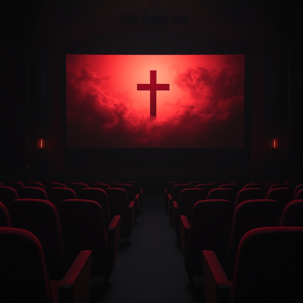A dark movie theater with a cross silhouette on the screen, representing the unsettling premise of the film Jesus Christ Vampire Hunter.