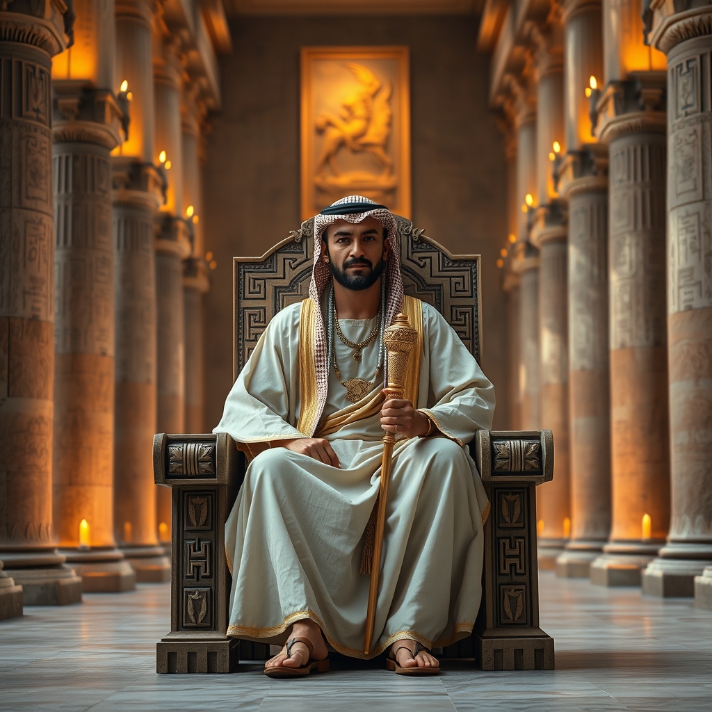 A distinguished Middle Eastern man seated on an ornate ancient Egyptian throne in a grand palace hall holding a golden scepter