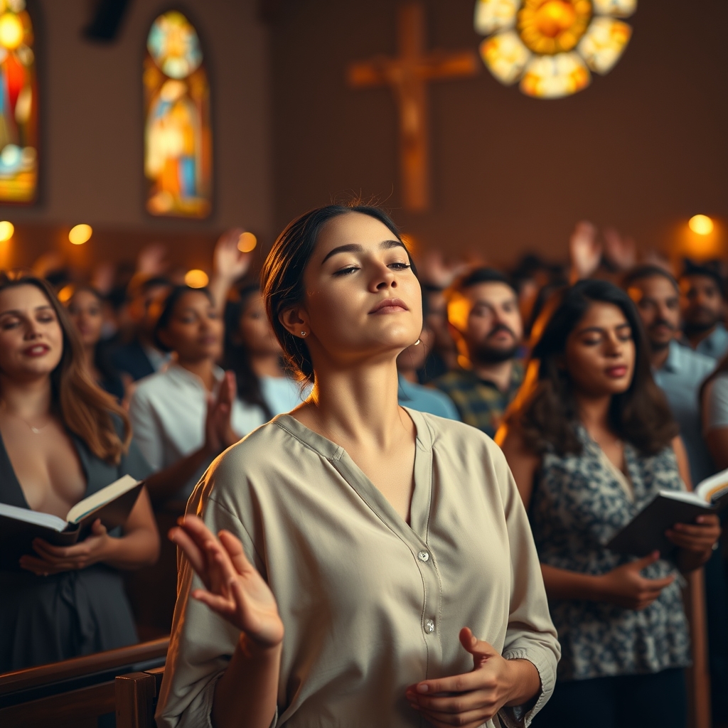 A diverse congregation in worship, hands raised, stained glass light, photorealistic, professional photography