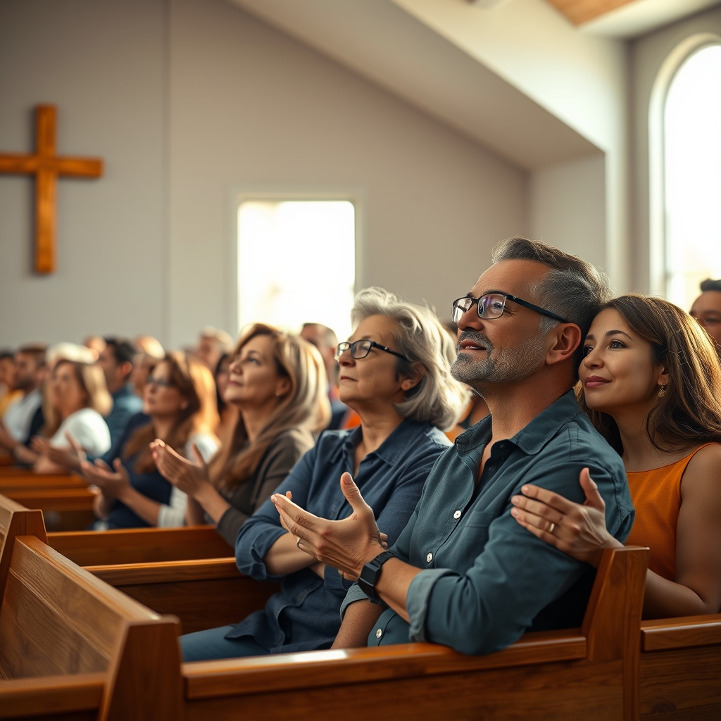 A diverse congregation sitting in a warmly lit church sanctuary, listening with expressions of hope and reflection.
