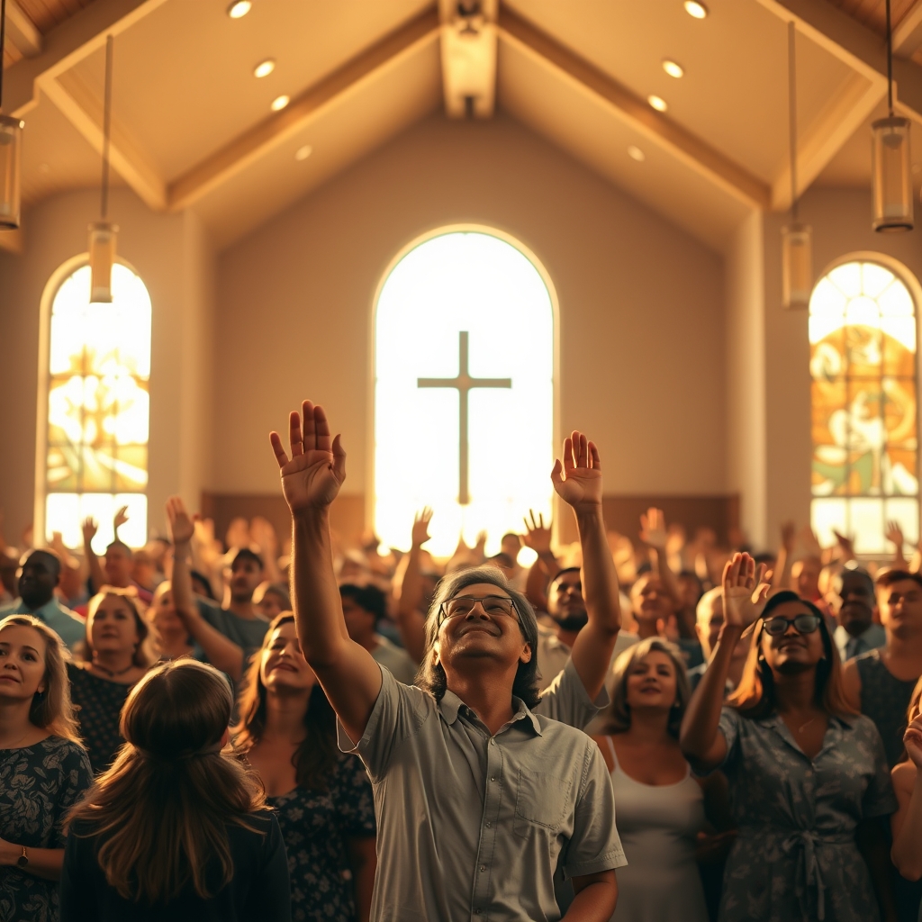 A diverse congregation standing together in a bright church sanctuary, hands raised in worship, bathed in warm golden light.