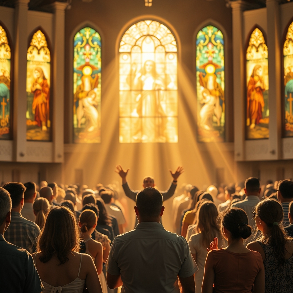 A diverse congregation worshipping Jesus in a sunlit church sanctuary, hands raised in prayer, golden light streaming through stained glass windows, conveying reverence and devotion.