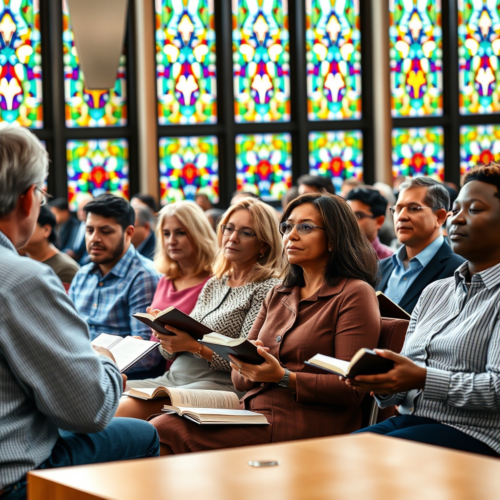 A diverse group of adults attentively listening during a church Bible study.