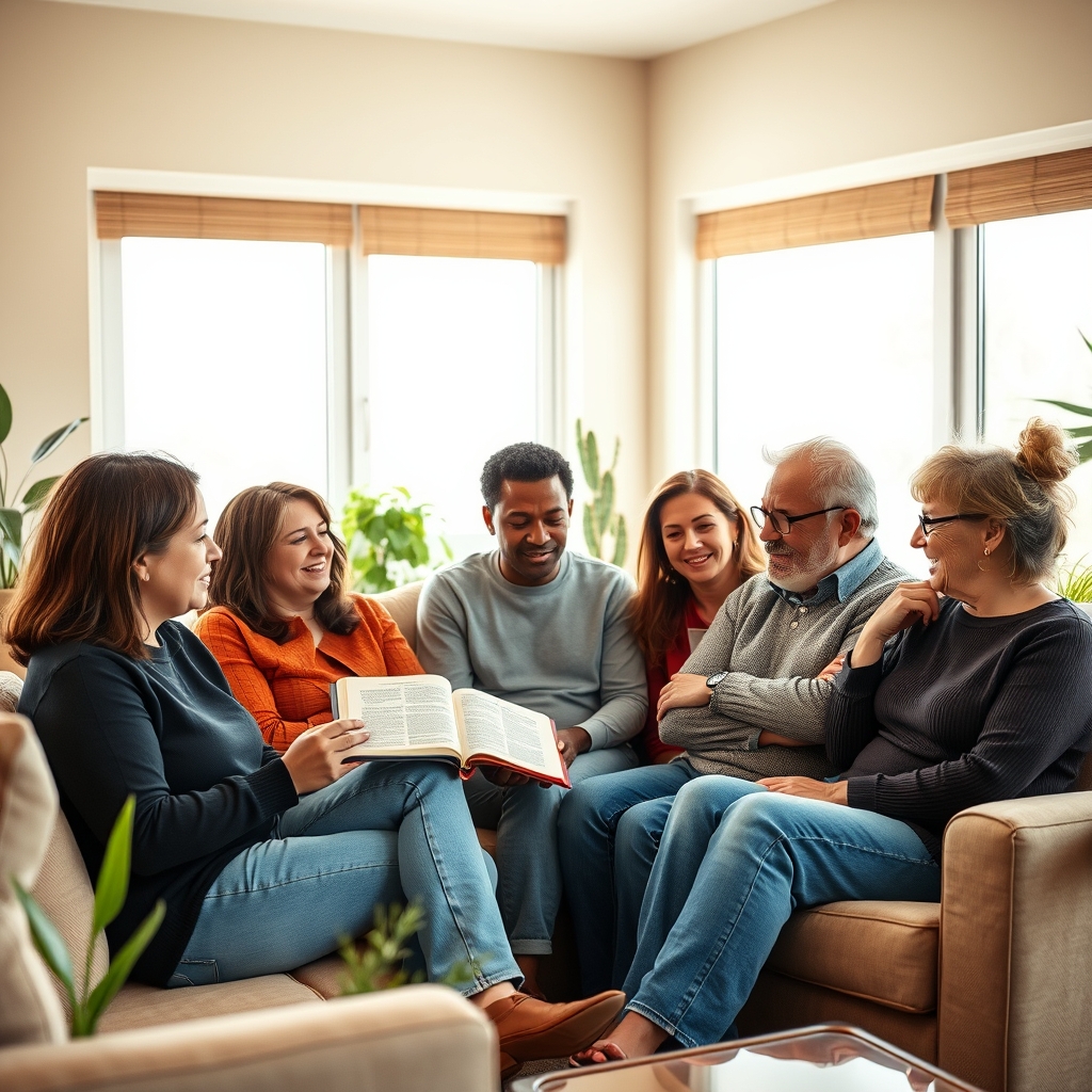 A diverse group of adults sitting together in a warm living room, one holding an open Bible, engaged in a compassionate and earnest conversation about faith.