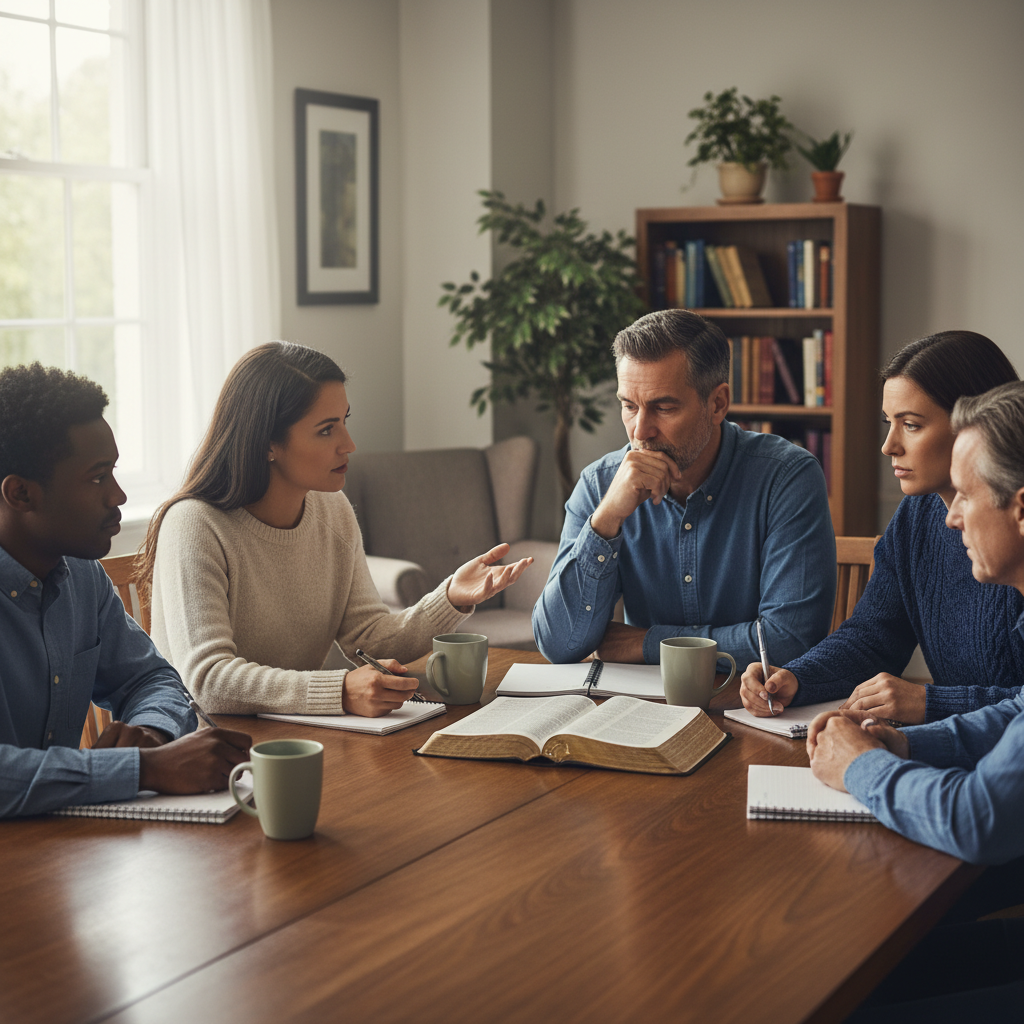 A diverse group of adults studying the Bible together, engaged in thoughtful discussion.