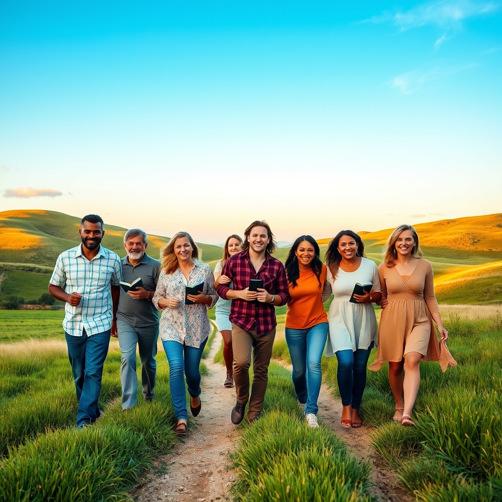 A diverse group of Christian believers walking together joyfully through a green meadow at golden hour, Bibles in hand, symbolizing the life verses of Jesus.