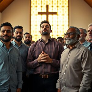 A diverse group of Christian men standing together in prayerful unity inside a warmly lit modern church sanctuary, conveying biblical manhood, spiritual conviction, and brotherhood in Christ.